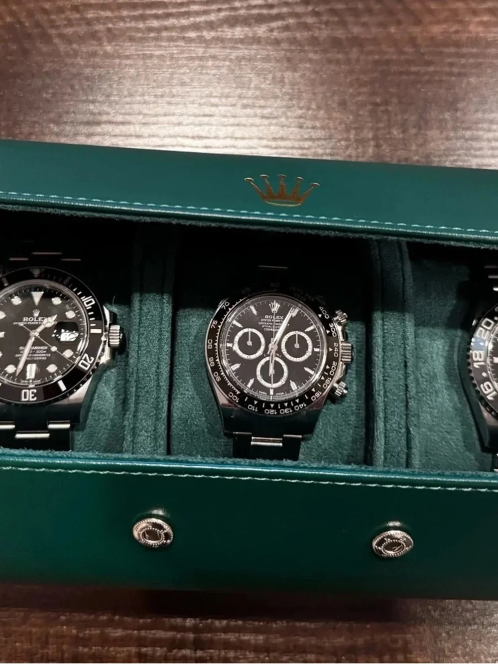 Rolex Green Watch Travel Case with Gold Crown Accent